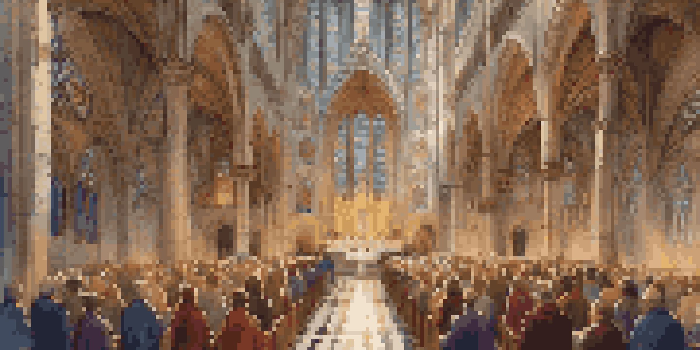 A choir performing in a cathedral, with sunlight from stained glass windows highlighting the musicians in colorful robes.