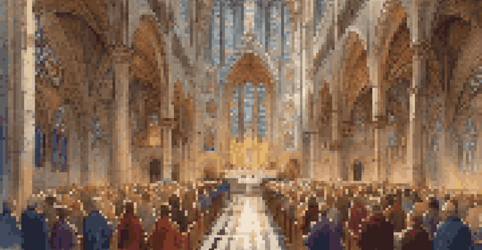 A choir performing in a cathedral, with sunlight from stained glass windows highlighting the musicians in colorful robes.