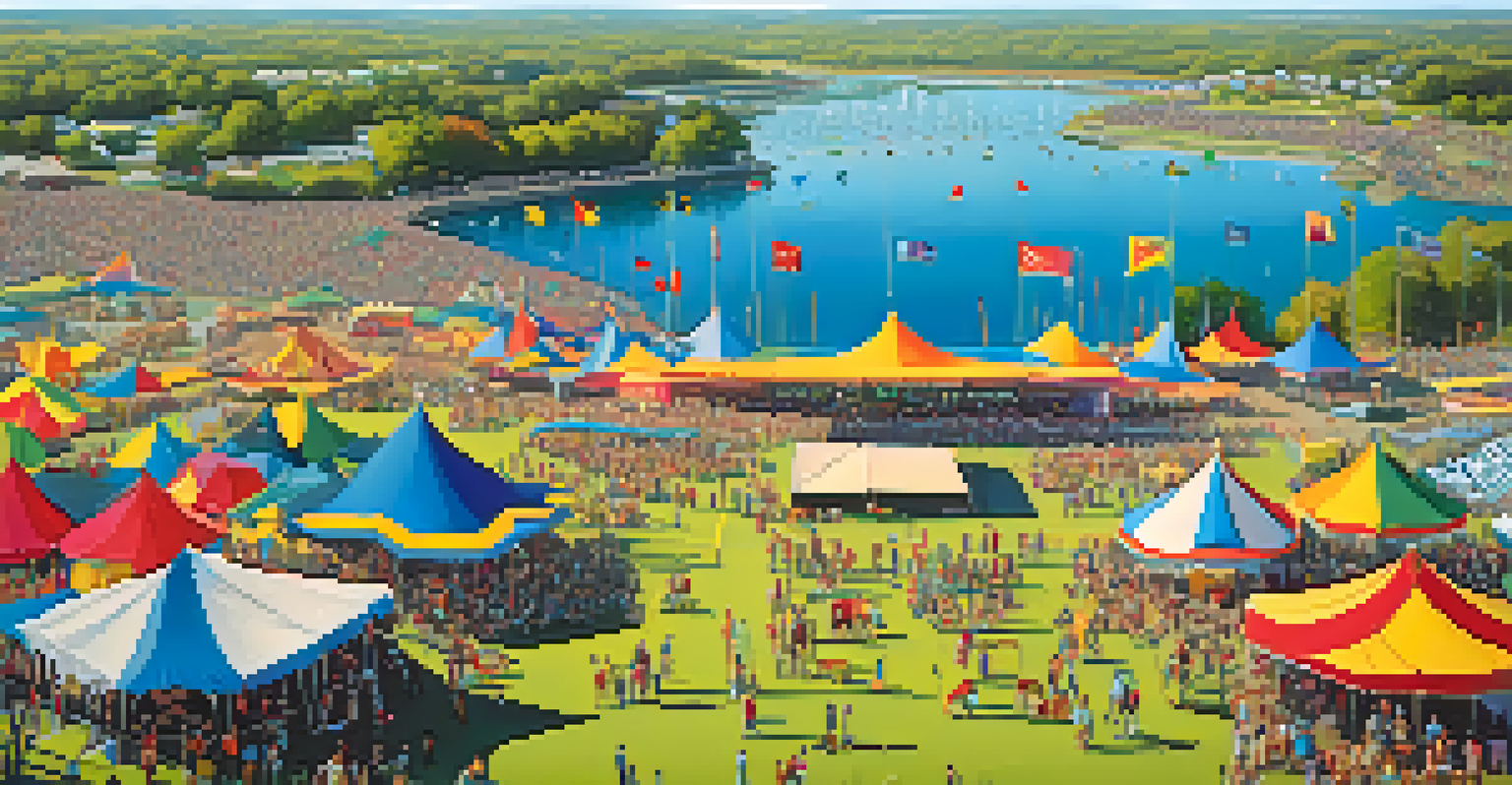 Aerial view of a bustling music festival with colorful tents and stages filled with attendees.