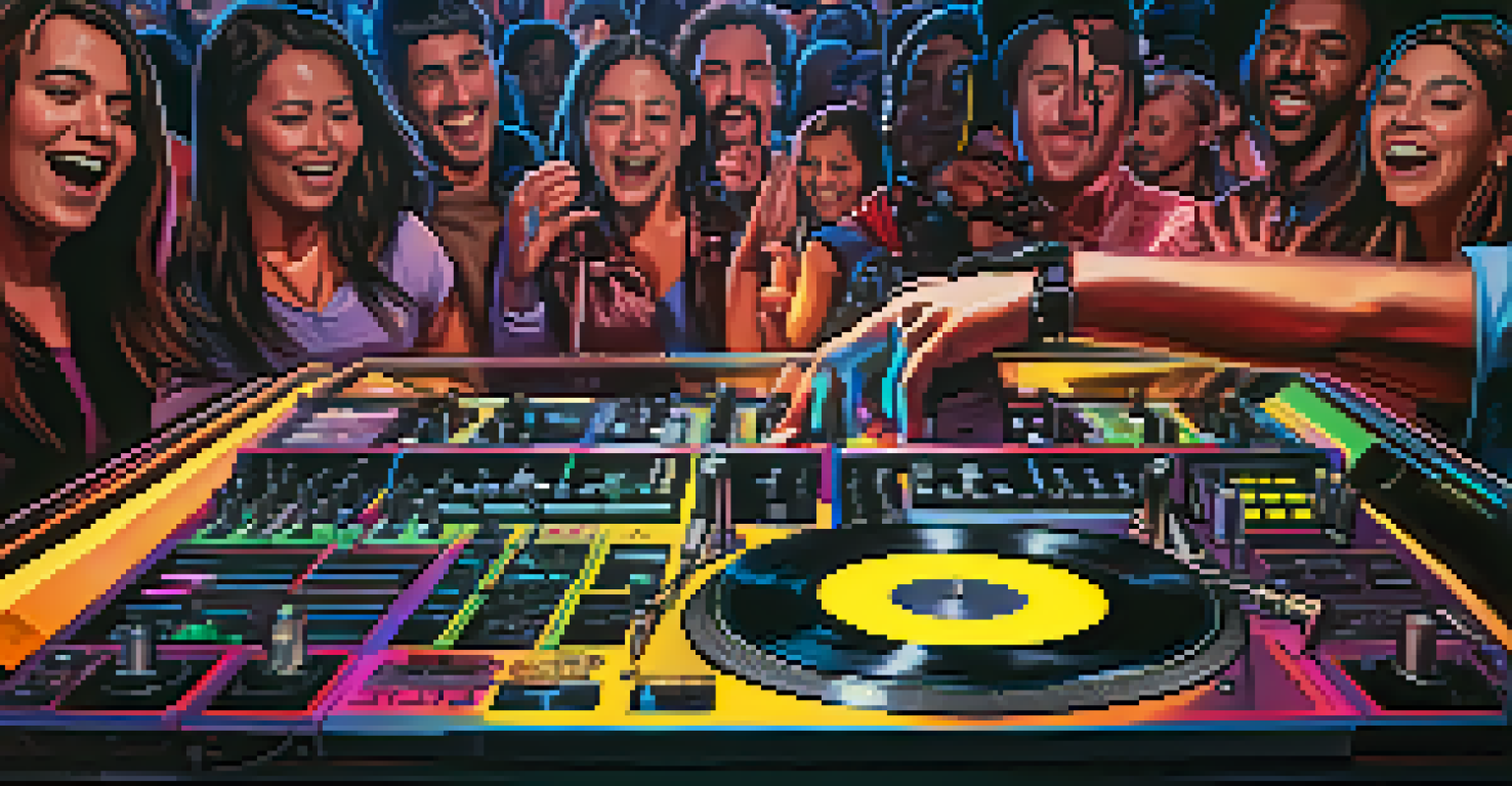 Close-up of a DJ's hands on a mixer with a vibrant dance floor in the background.