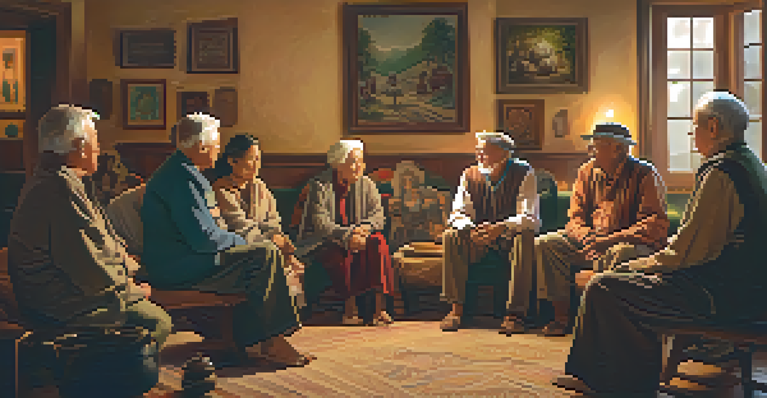 Elders sharing stories through song in a cozy room, surrounded by younger generations in an engaging and warm atmosphere.