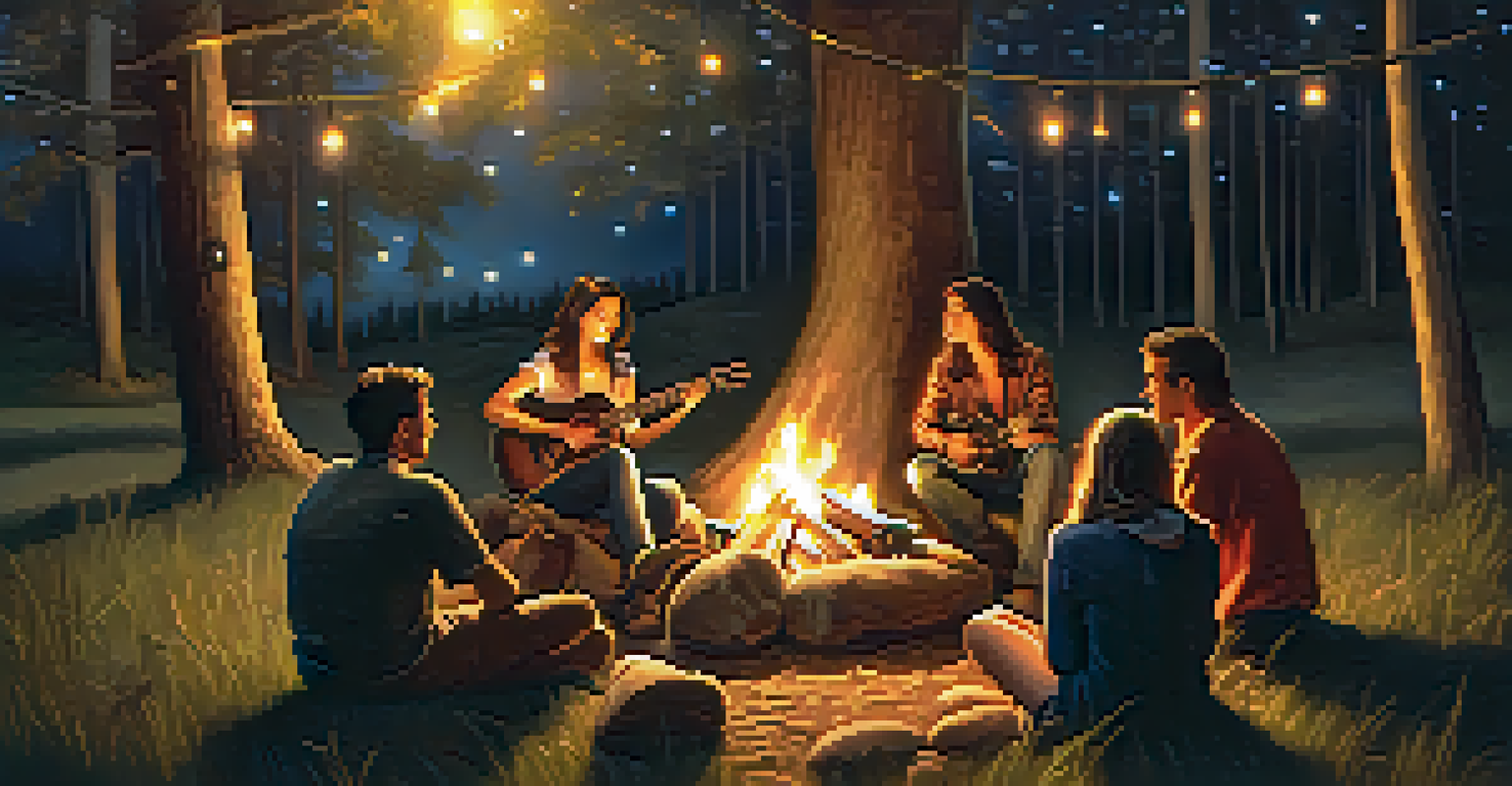 A musician playing guitar around a campfire at night with friends, illuminated by the warm glow of the fire and a starry sky above.