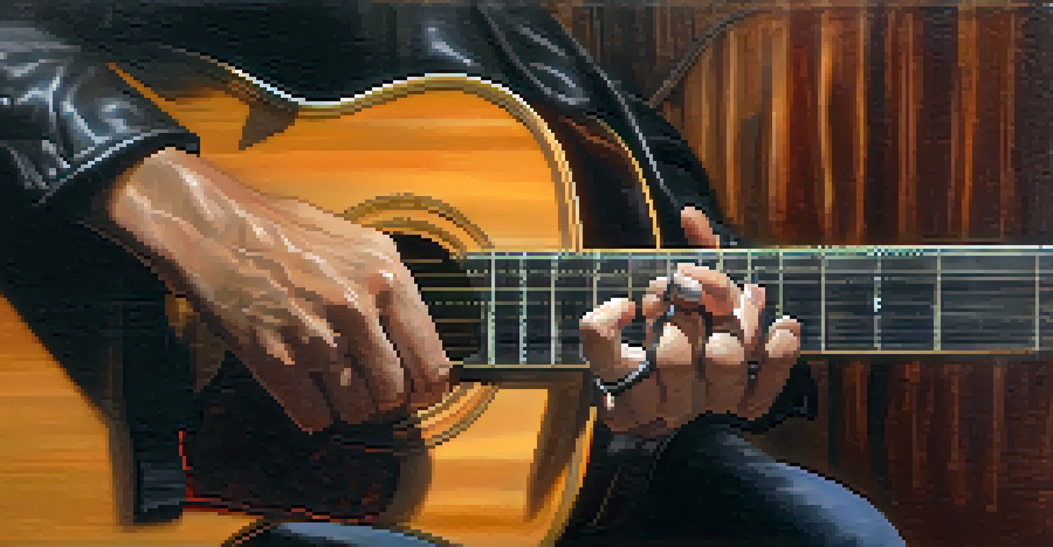 Close-up of a musician's hands resting on a guitar, highlighting the texture of the instrument.