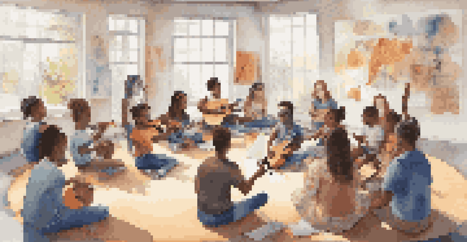 Young individuals participating in a music education workshop, surrounded by instruments and colorful posters.