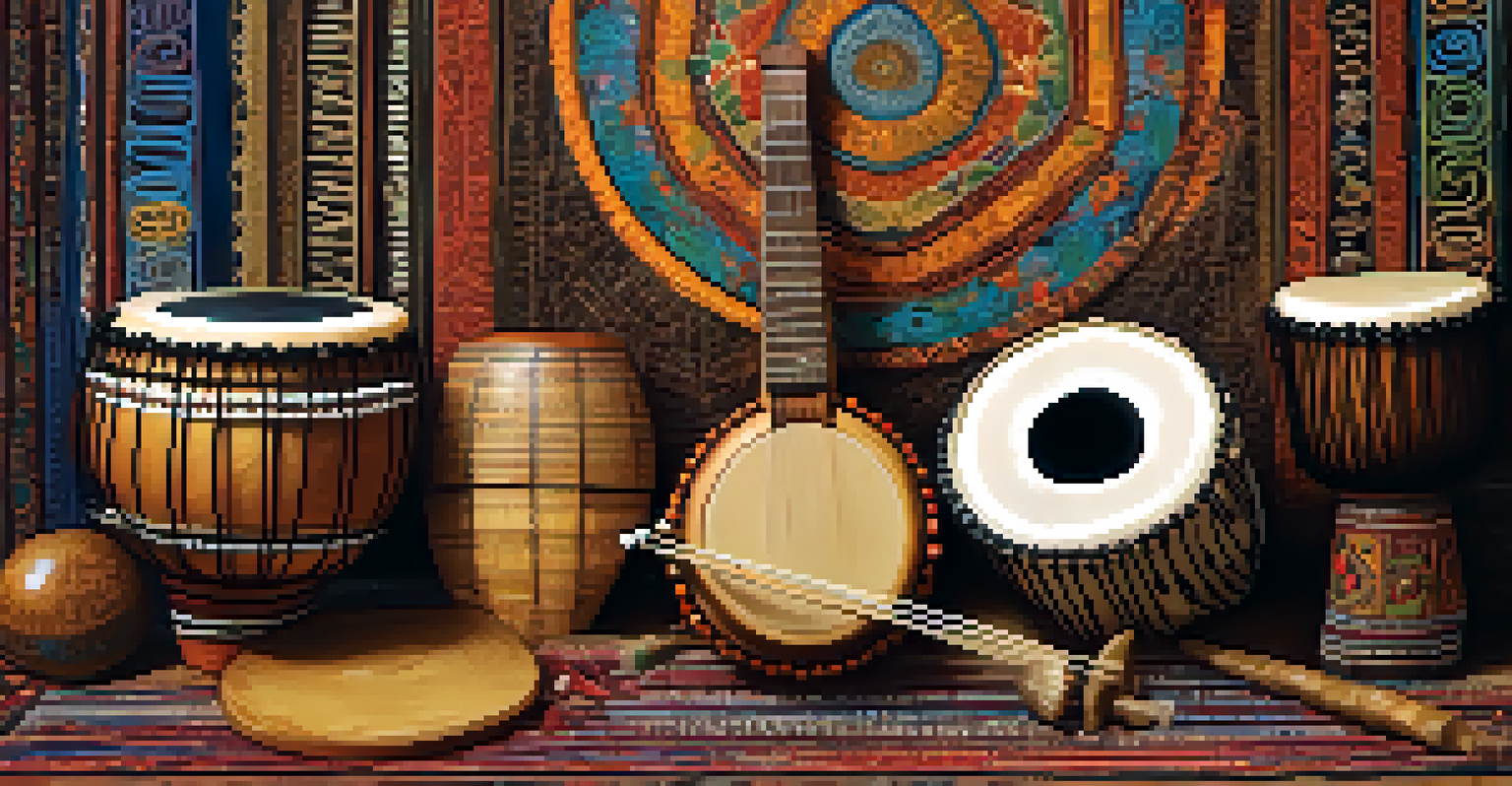 A collage of traditional musical instruments from around the world, illustrated with intricate details and set against rhythmic patterns and symbols.