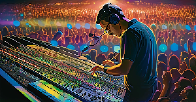 A live sound engineer operating a mixing console at a concert, with colorful stage lights and an engaged audience in the background.
