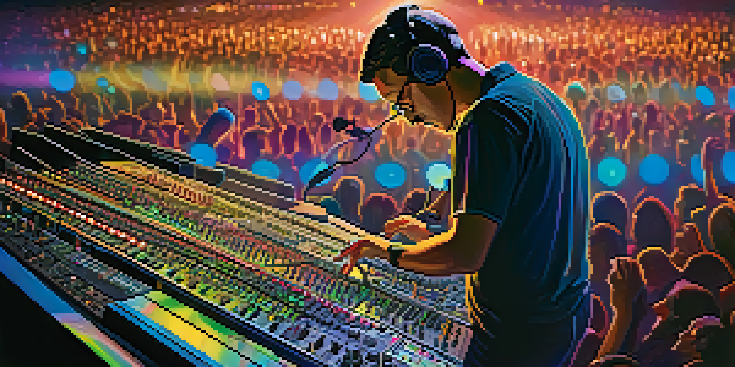 A live sound engineer operating a mixing console at a concert, with colorful stage lights and an engaged audience in the background.