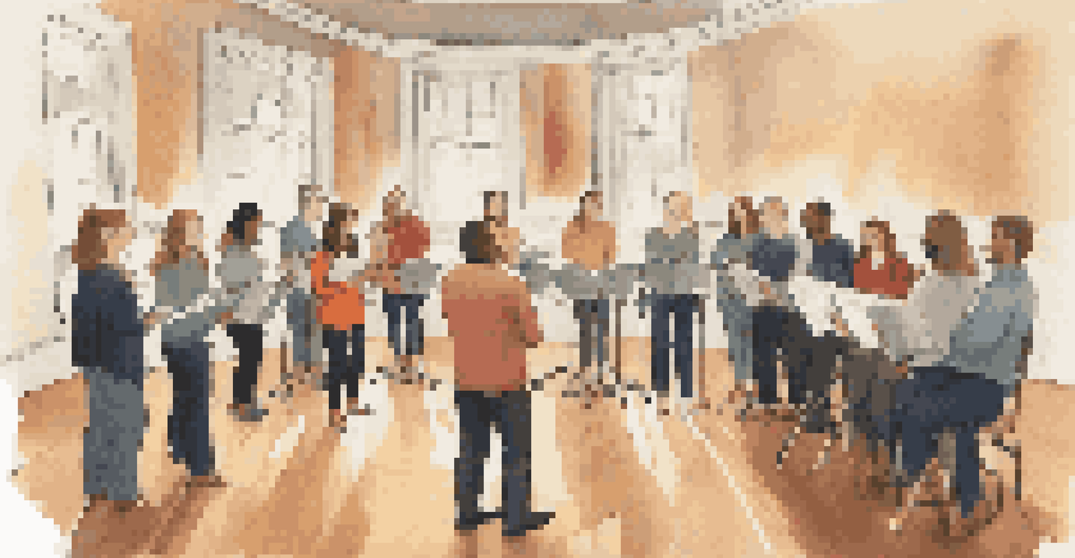 A cozy rehearsal space with a diverse a cappella choir discussing music arrangements enthusiastically.