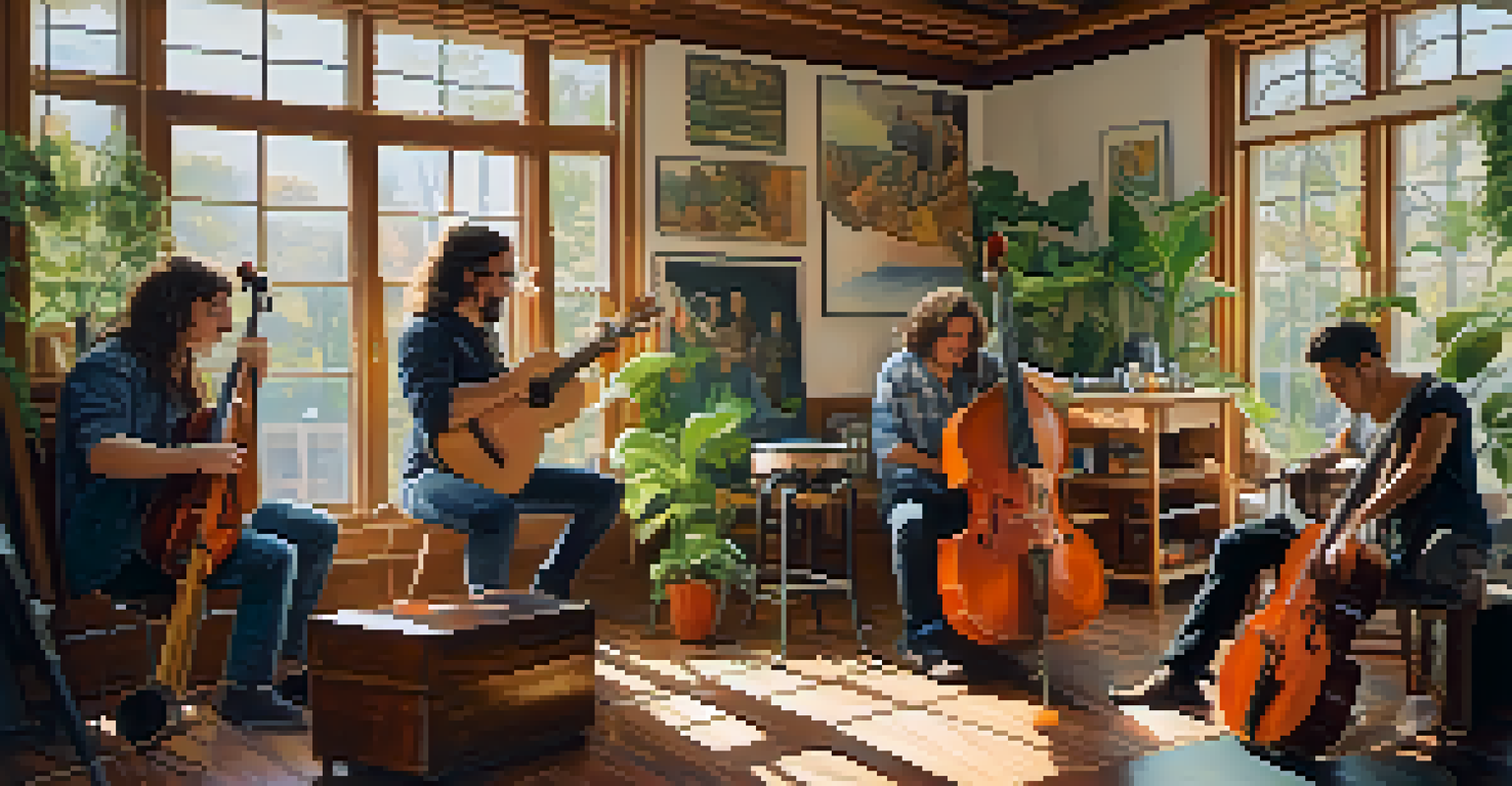 Musicians collaborating in a studio, surrounded by instruments and greenery, working on an environmentally-themed song with natural light streaming in.