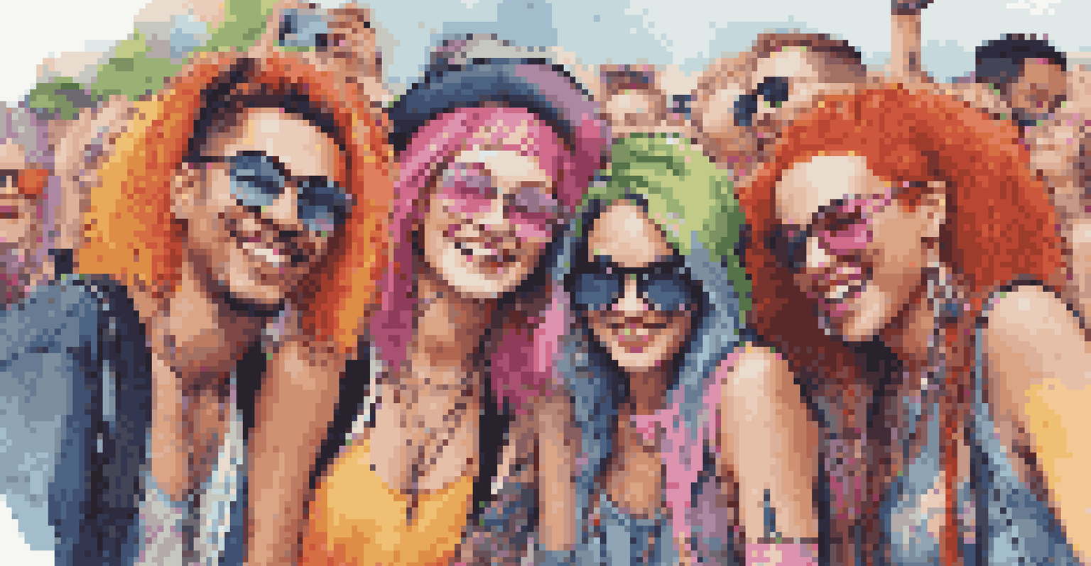 A close-up of a group of friends at a music festival showcasing their unique fashion and joyful expressions while taking selfies.