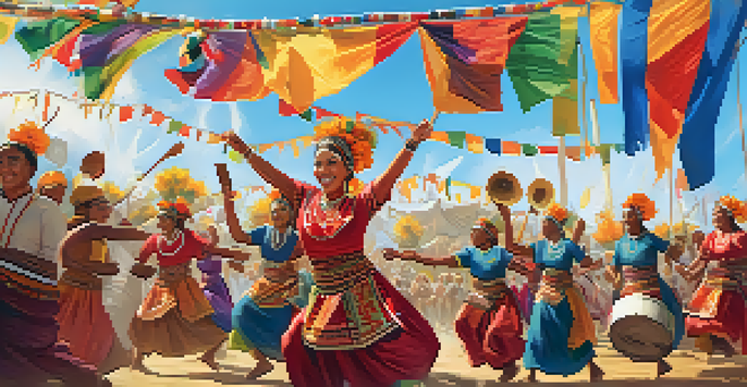 A lively cultural festival with people in traditional attire dancing and playing musical instruments under bright sunlight.