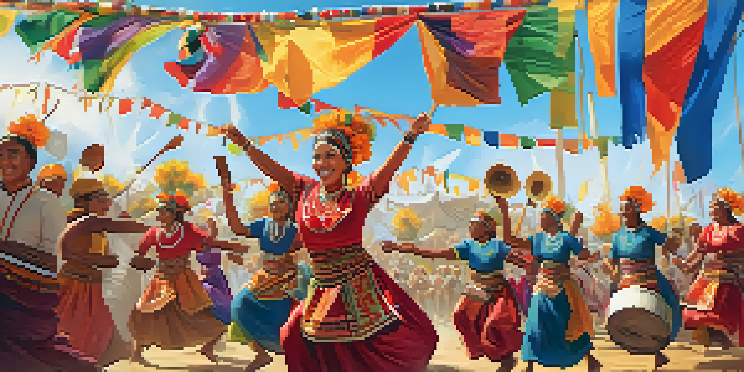 A lively cultural festival with people in traditional attire dancing and playing musical instruments under bright sunlight.