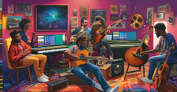 A colorful online jam session with diverse musicians in their home studios, connected by flowing sound waves.
