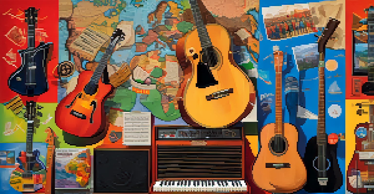 A collage showcasing various musical instruments from different cultures over a world map background.