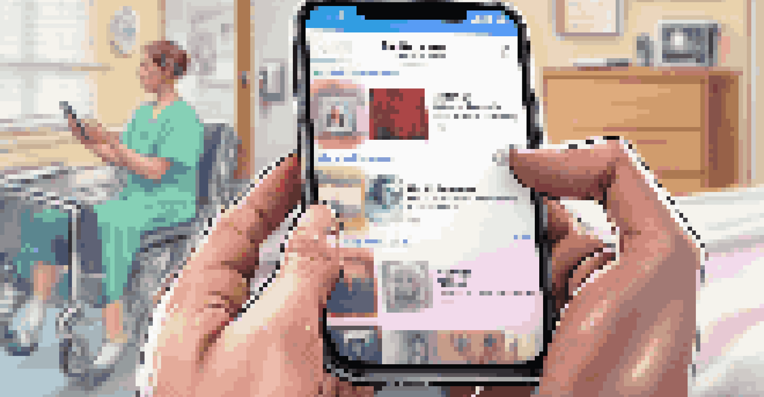 A close-up of a patient's hand holding a smartphone with a personalized music playlist, set against a blurred hospital room background.