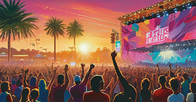 A lively music festival with a diverse crowd and artists on stage, celebrating social justice under a colorful sunset.