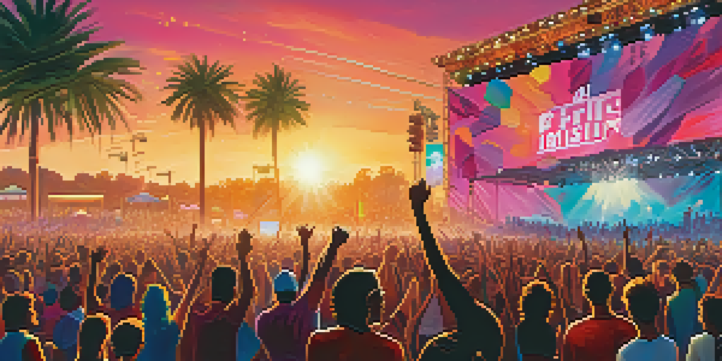 A lively music festival with a diverse crowd and artists on stage, celebrating social justice under a colorful sunset.