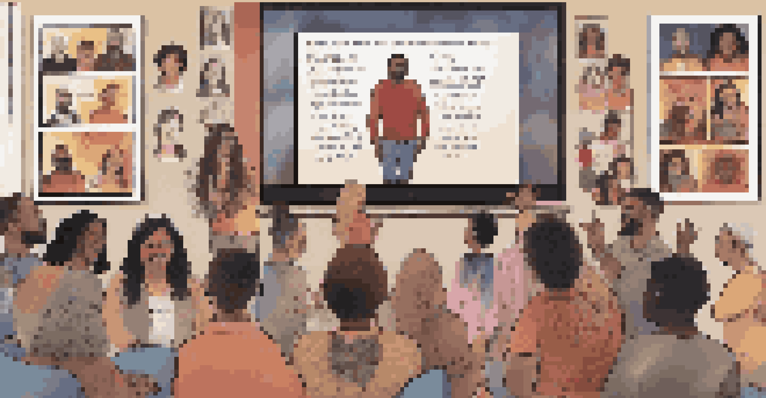 A cozy living room with multiple screens showing a diverse virtual choir singing together, decorated with musical notes and social justice posters.