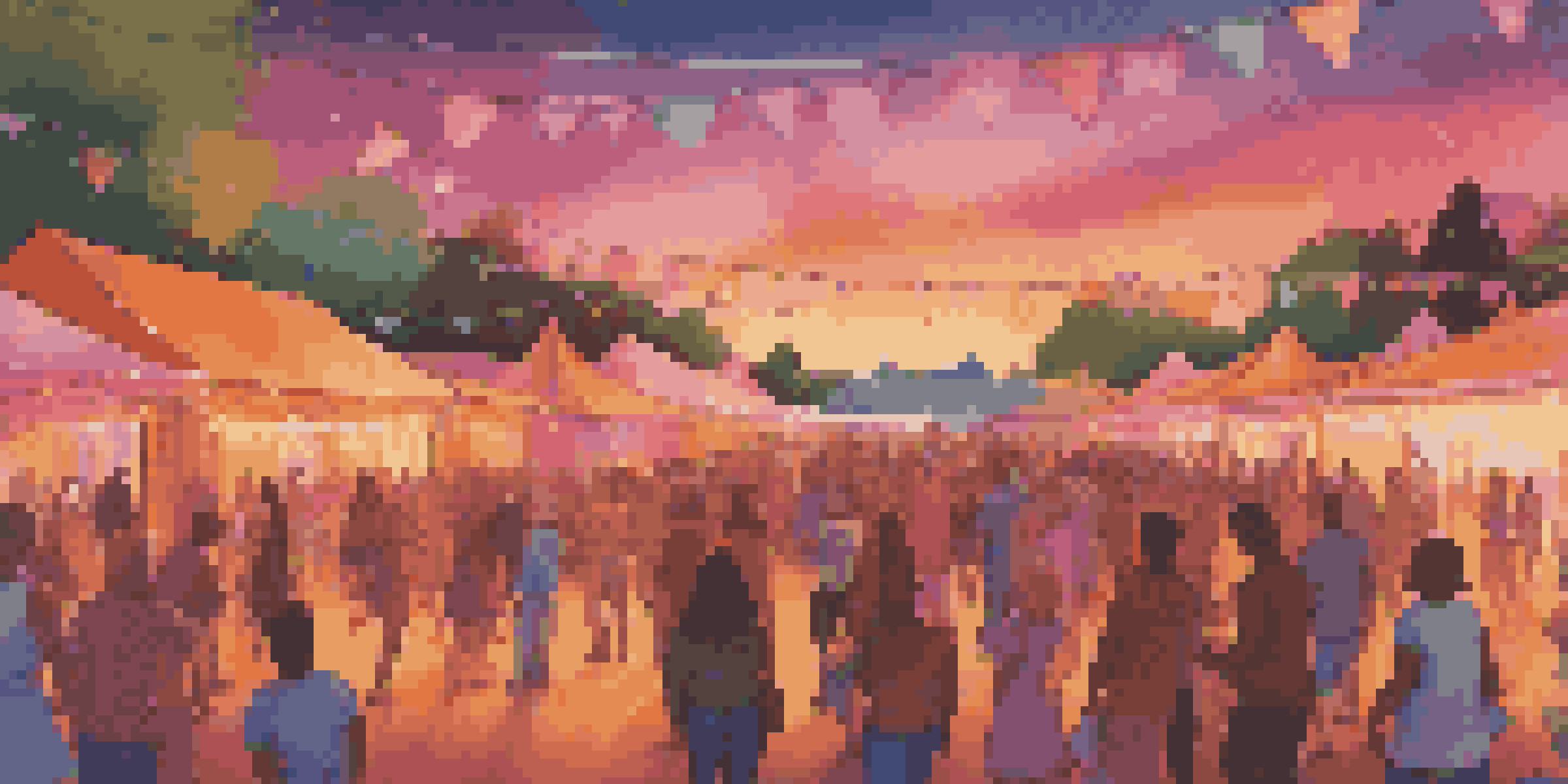 A lively outdoor music festival at sunset with a diverse crowd enjoying live music and colorful stage lights.