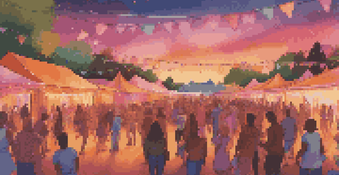 A lively outdoor music festival at sunset with a diverse crowd enjoying live music and colorful stage lights.