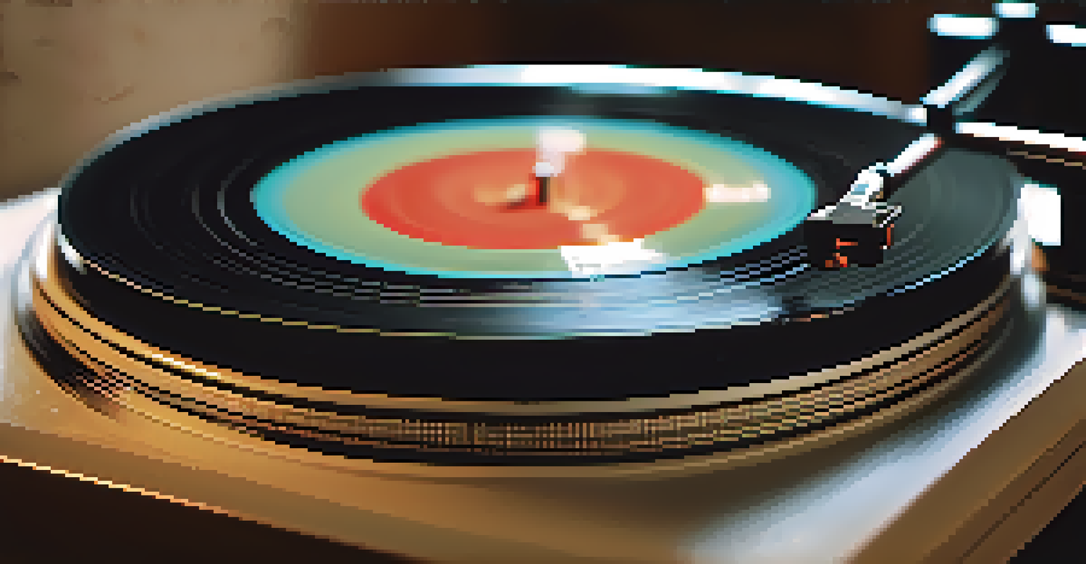 A close-up of a spinning vinyl record on a turntable with warm lighting.