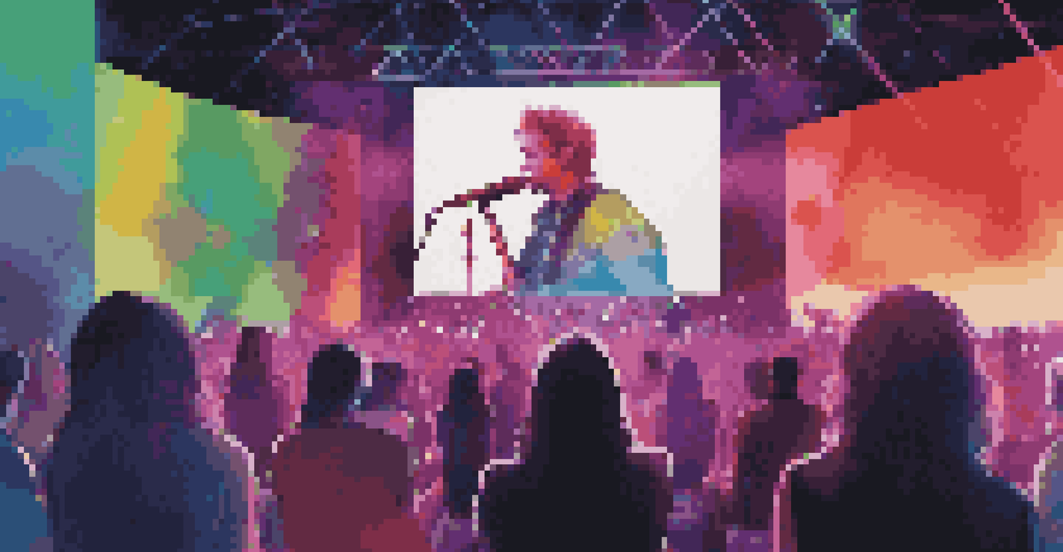 An artist on stage during a virtual concert, surrounded by colorful lights and visuals, with an engaged online audience.
