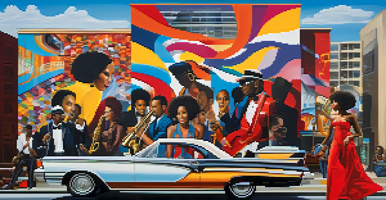 A colorful urban mural illustrating the evolution of R&B and rock music, featuring iconic artists and abstract shapes that symbolize their fusion.