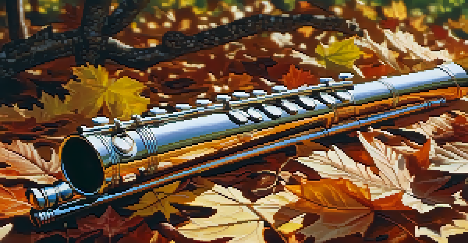 A Native American flute placed on autumn leaves with soft sunlight filtering through trees, emphasizing the flute's craftsmanship.