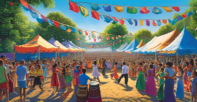 A lively music festival with a diverse crowd, colorful decorations, and musicians performing on stage with traditional instruments.