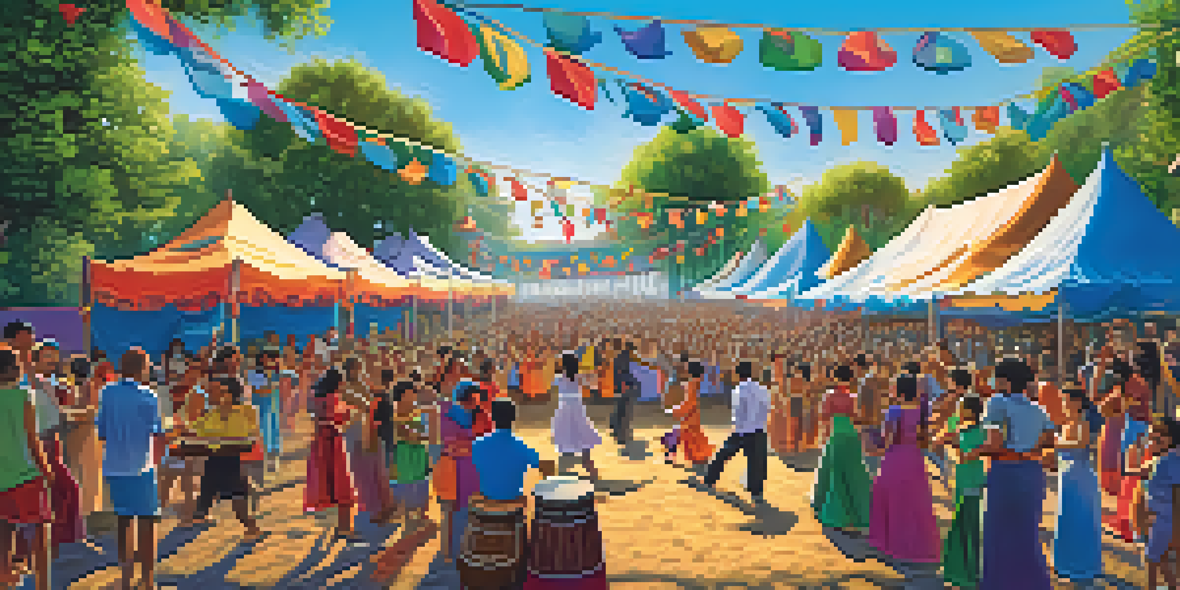 A lively music festival with a diverse crowd, colorful decorations, and musicians performing on stage with traditional instruments.