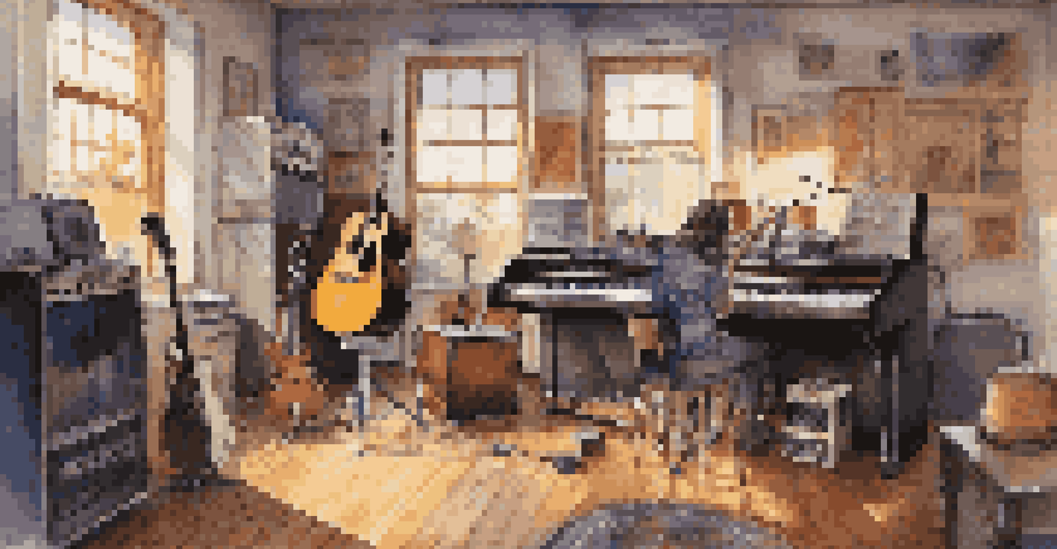 A musician in a bright studio, surrounded by instruments and recording equipment, capturing the essence of creativity.