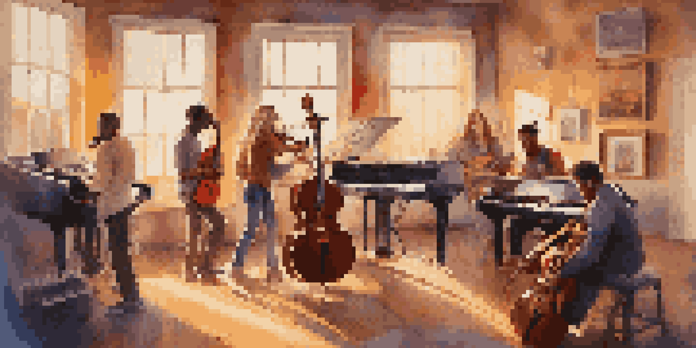 A diverse group of artists working together in a colorful music studio filled with instruments and sound equipment, illuminated by soft golden light.