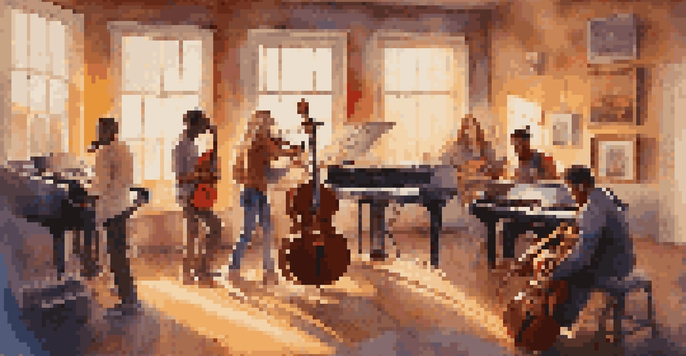 A diverse group of artists working together in a colorful music studio filled with instruments and sound equipment, illuminated by soft golden light.