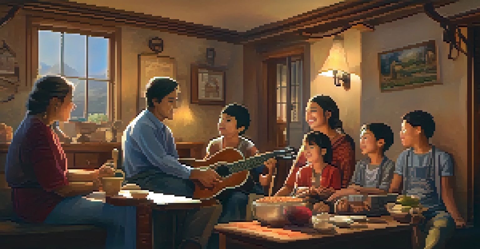 A grandmother singing traditional songs with her grandchildren in a warm, cozy setting filled with cultural artifacts.