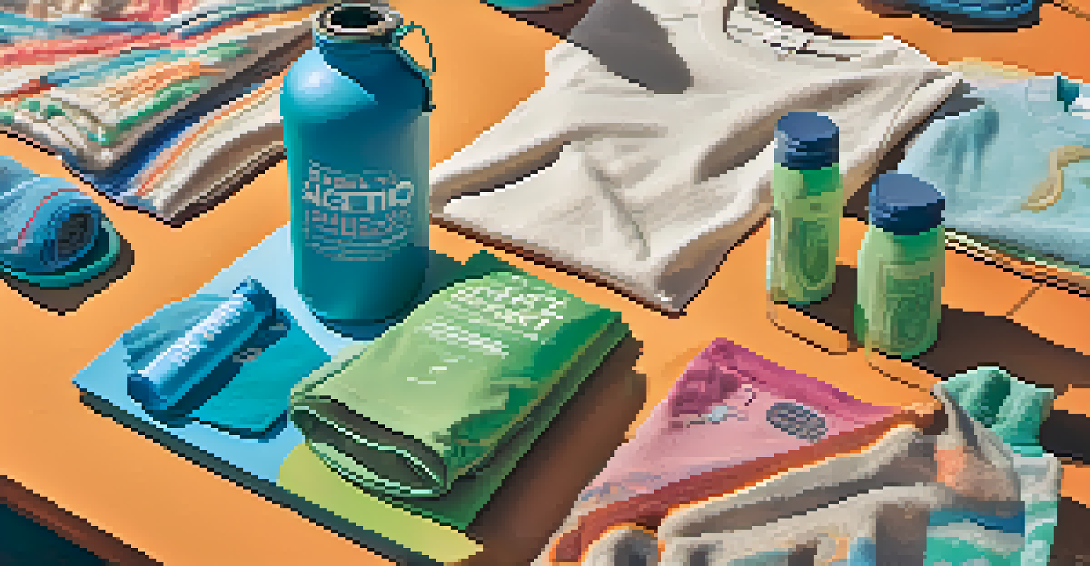A close-up view of eco-friendly merchandise including reusable water bottles and organic cotton t-shirts at a music concert under warm lighting.