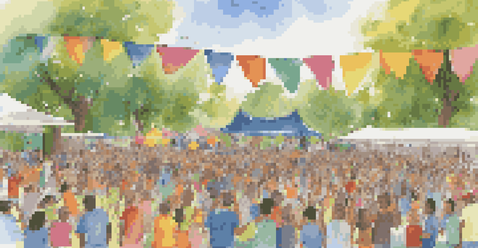 A lively community event in a park with people singing together and enjoying music, highlighting unity and diversity.