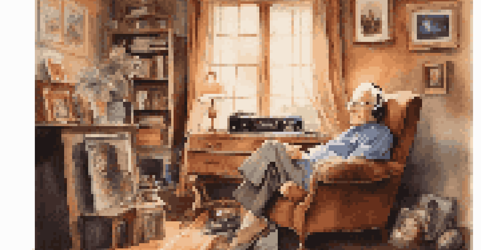 An elderly person enjoying music while reminiscing in a cozy room filled with nostalgic items.