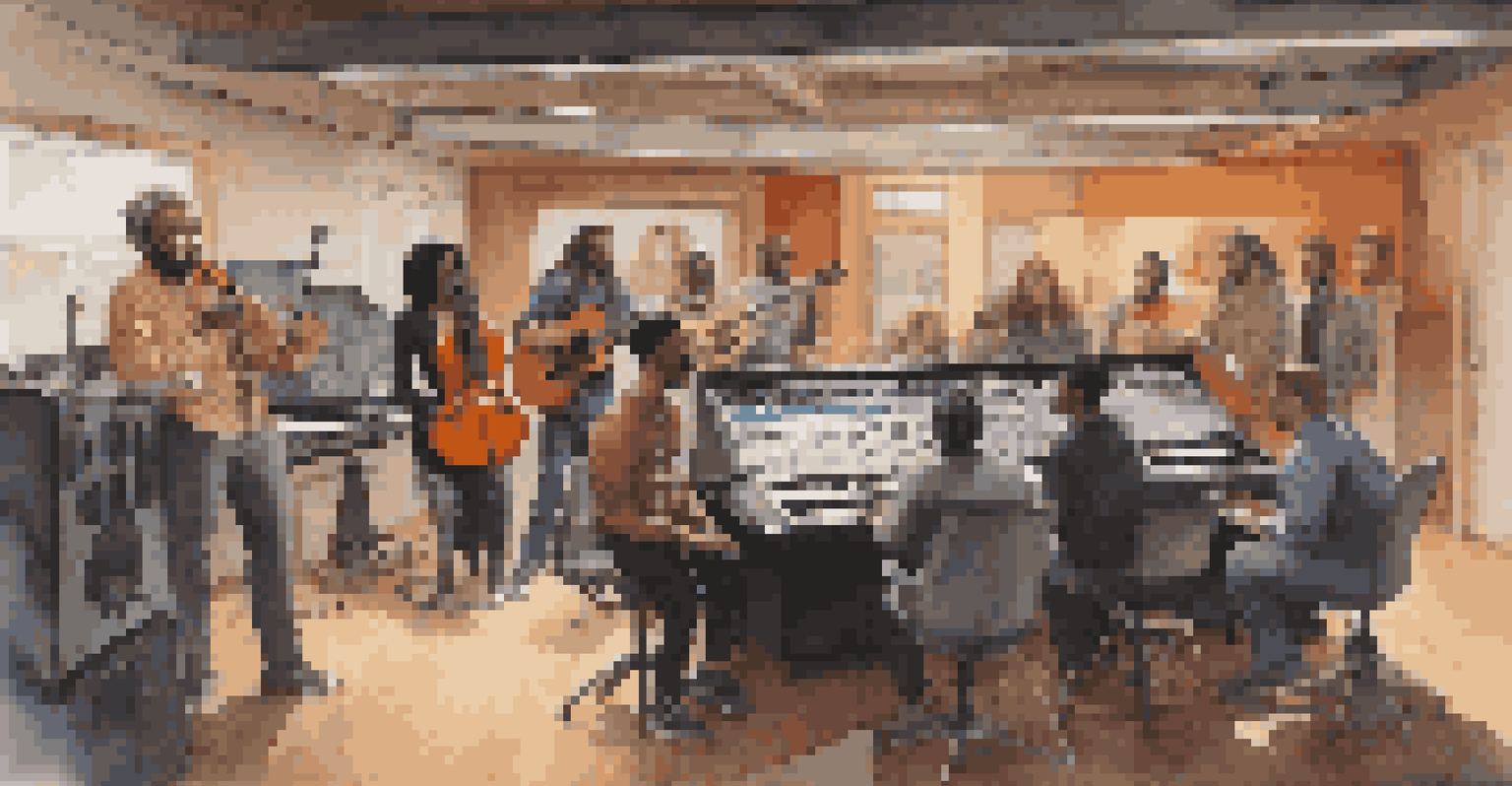 A diverse group of musicians collaborating in a recording studio around a mixing console, surrounded by instruments.