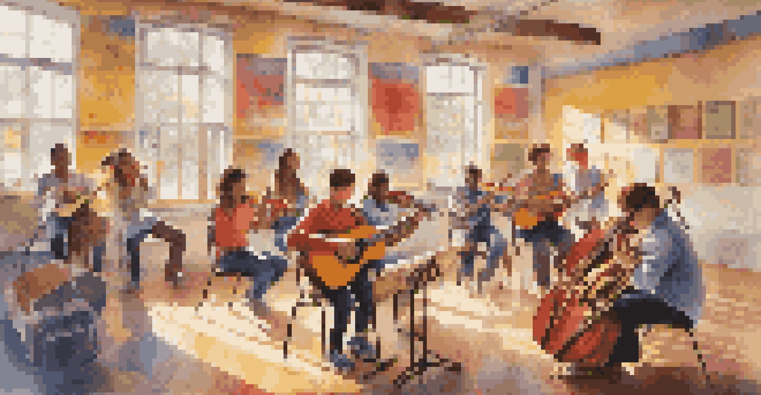 Students in a classroom playing instruments together, surrounded by colorful decorations.