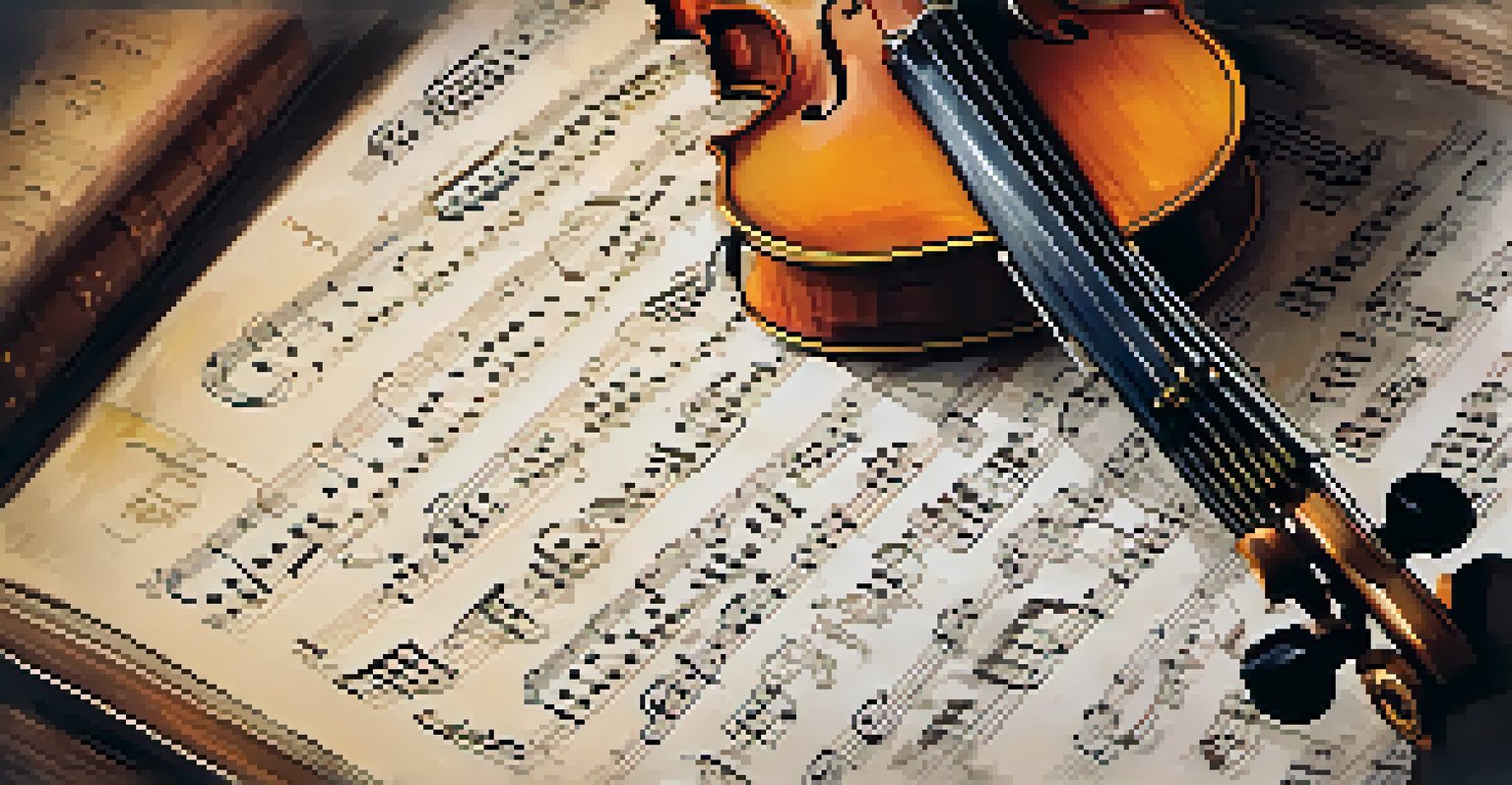 An overhead view of a sheet music score with colorful annotations and surrounding instruments.