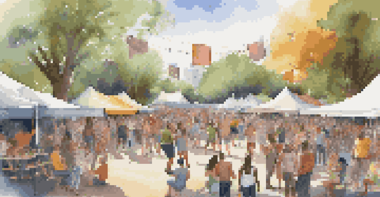 A vibrant music festival in an urban park with diverse attendees, colorful tents, and a stage featuring local artists, surrounded by trees.