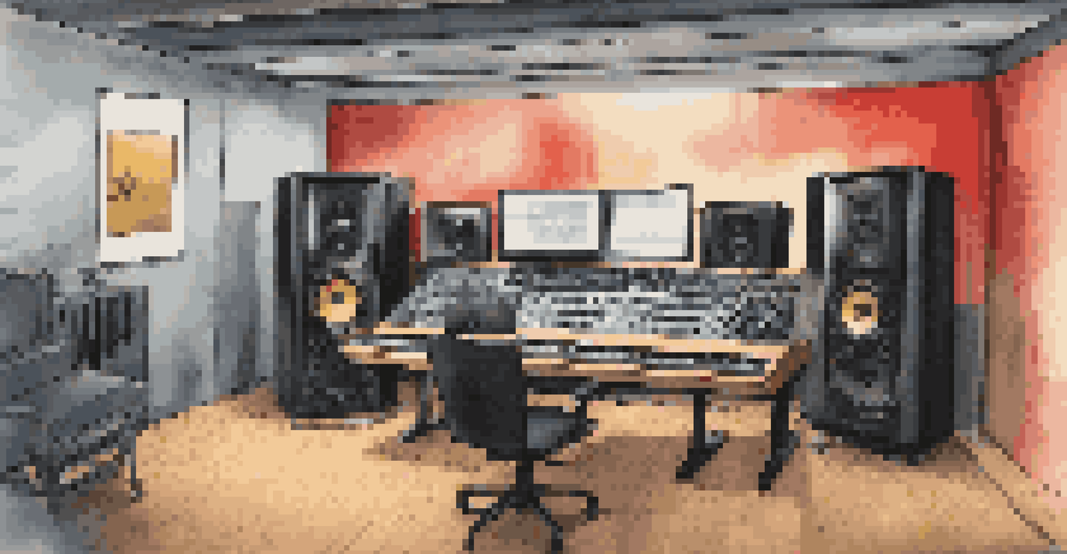 Modern recording studio with soundproof walls and a sound engineer using advanced audio equipment and sound wave simulations on a computer.