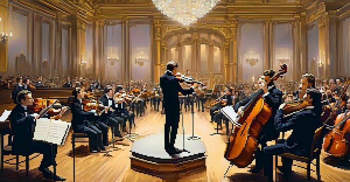 A concert hall with an orchestra performing on stage and an engaged audience, illuminated by golden chandeliers.