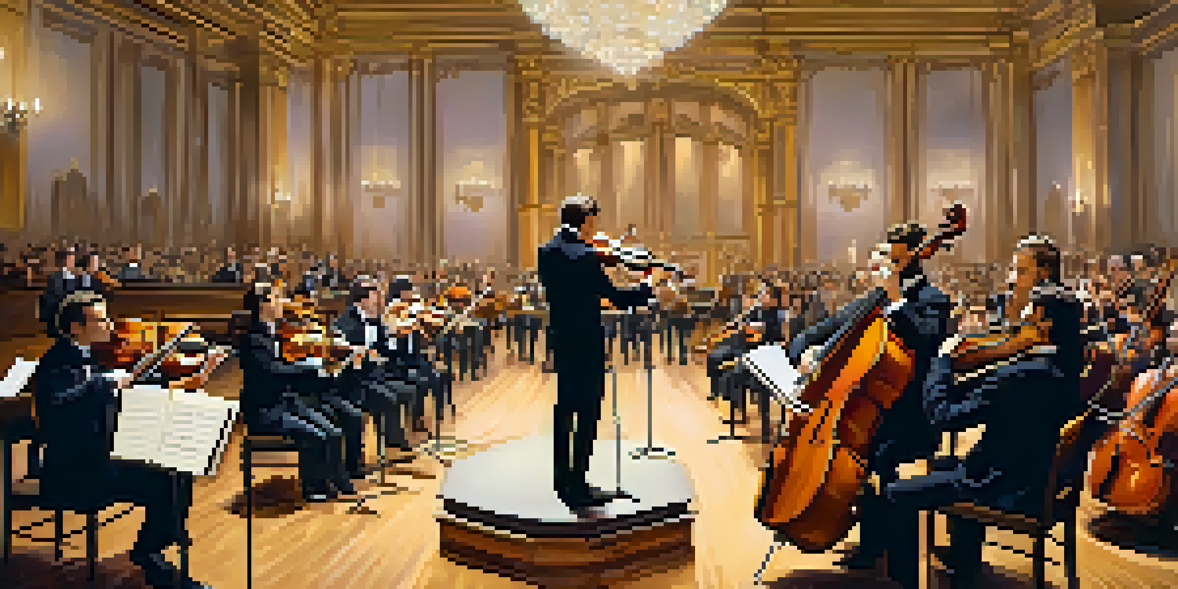 A concert hall with an orchestra performing on stage and an engaged audience, illuminated by golden chandeliers.
