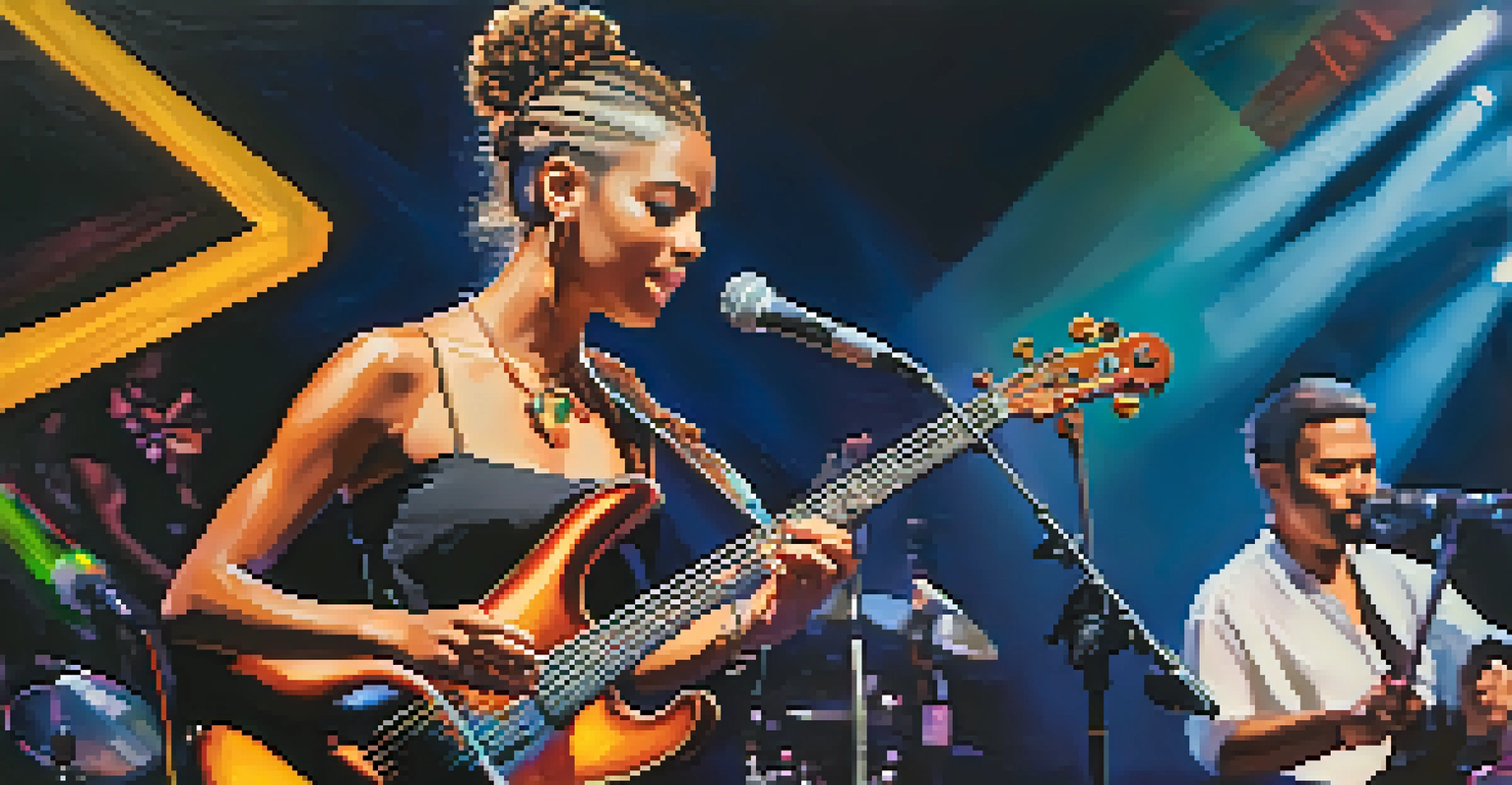 A female musician performing on stage, blending traditional and modern music styles, with colorful lights and an engaged audience.