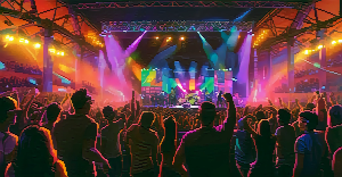 A lively concert scene with a diverse audience, featuring a local band on stage with colorful lights.
