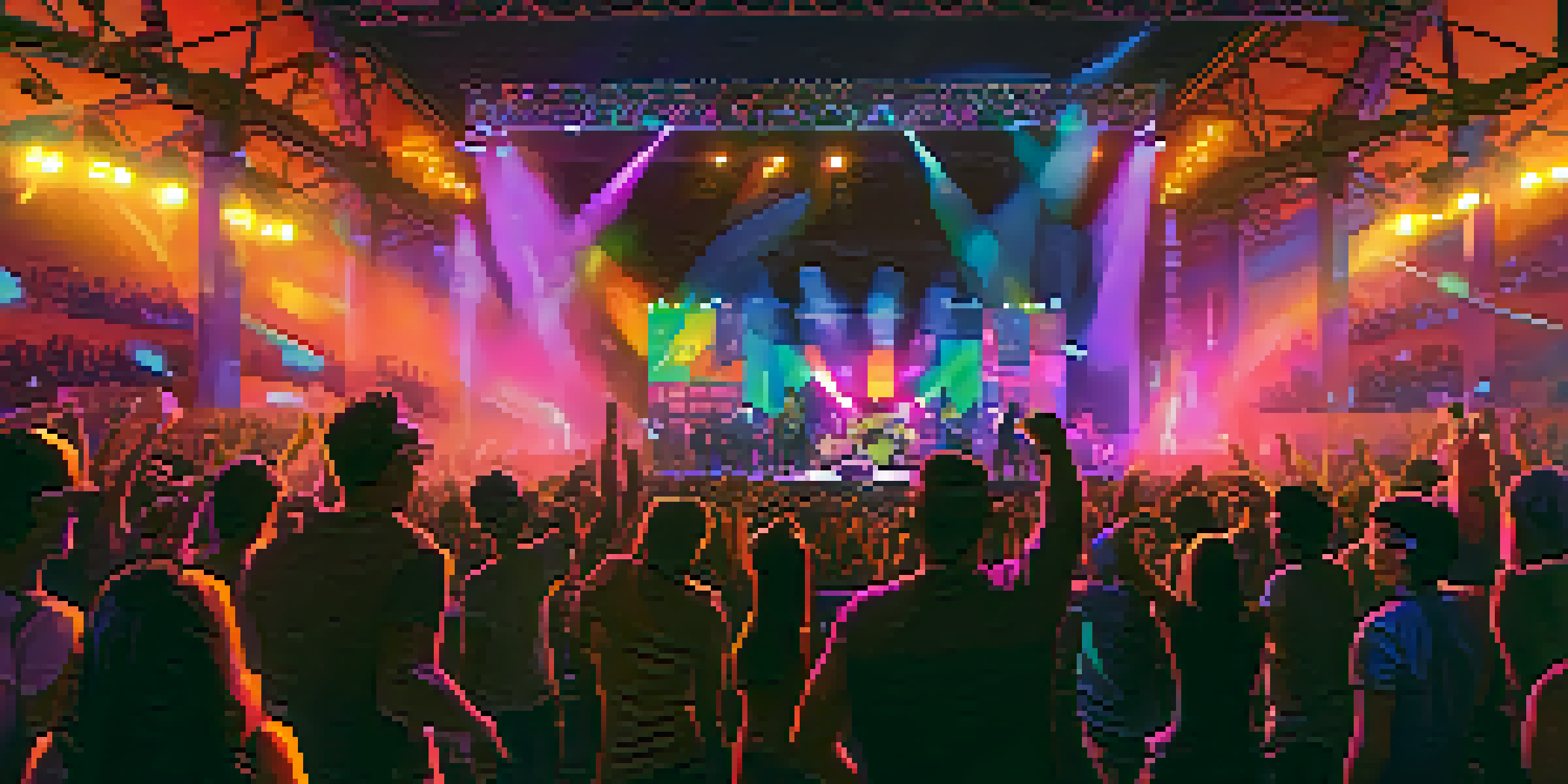 A lively concert scene with a diverse audience, featuring a local band on stage with colorful lights.
