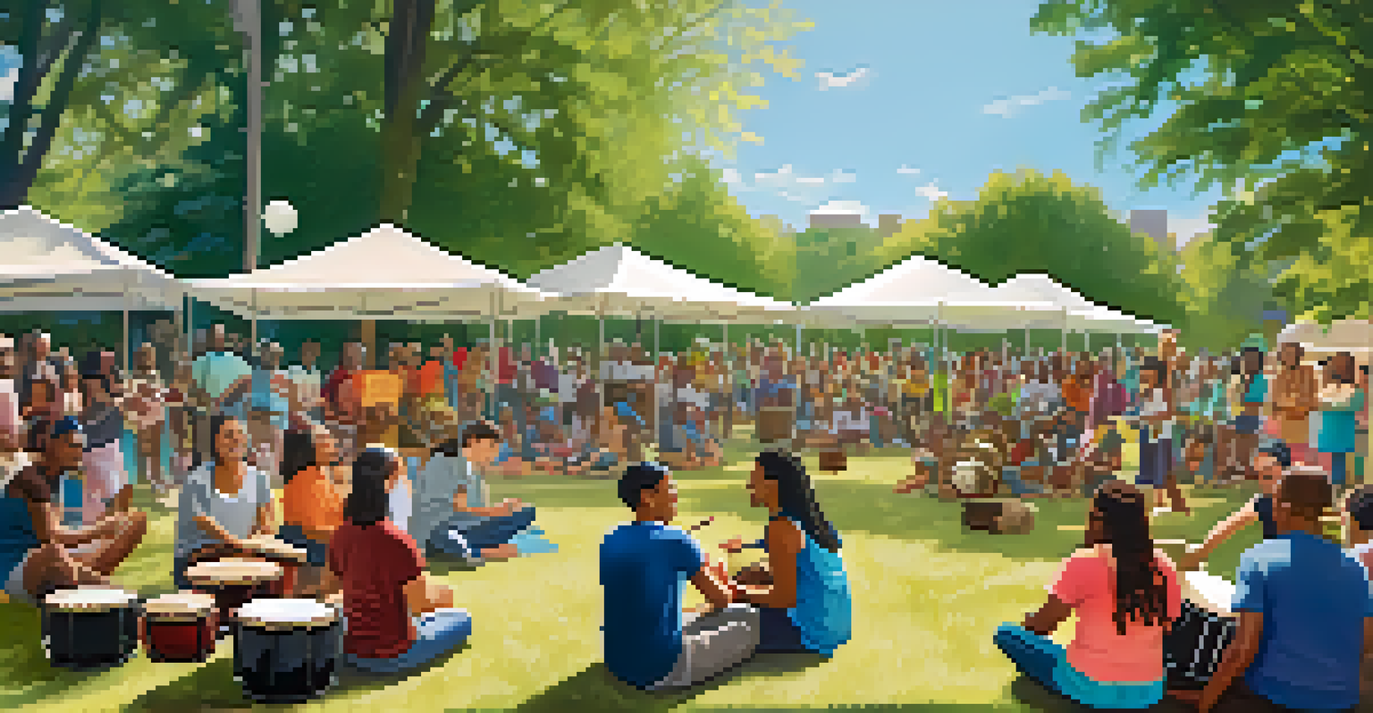 A joyful community gathering in a park with a drum circle, showcasing diverse participants and colorful decorations promoting engagement.