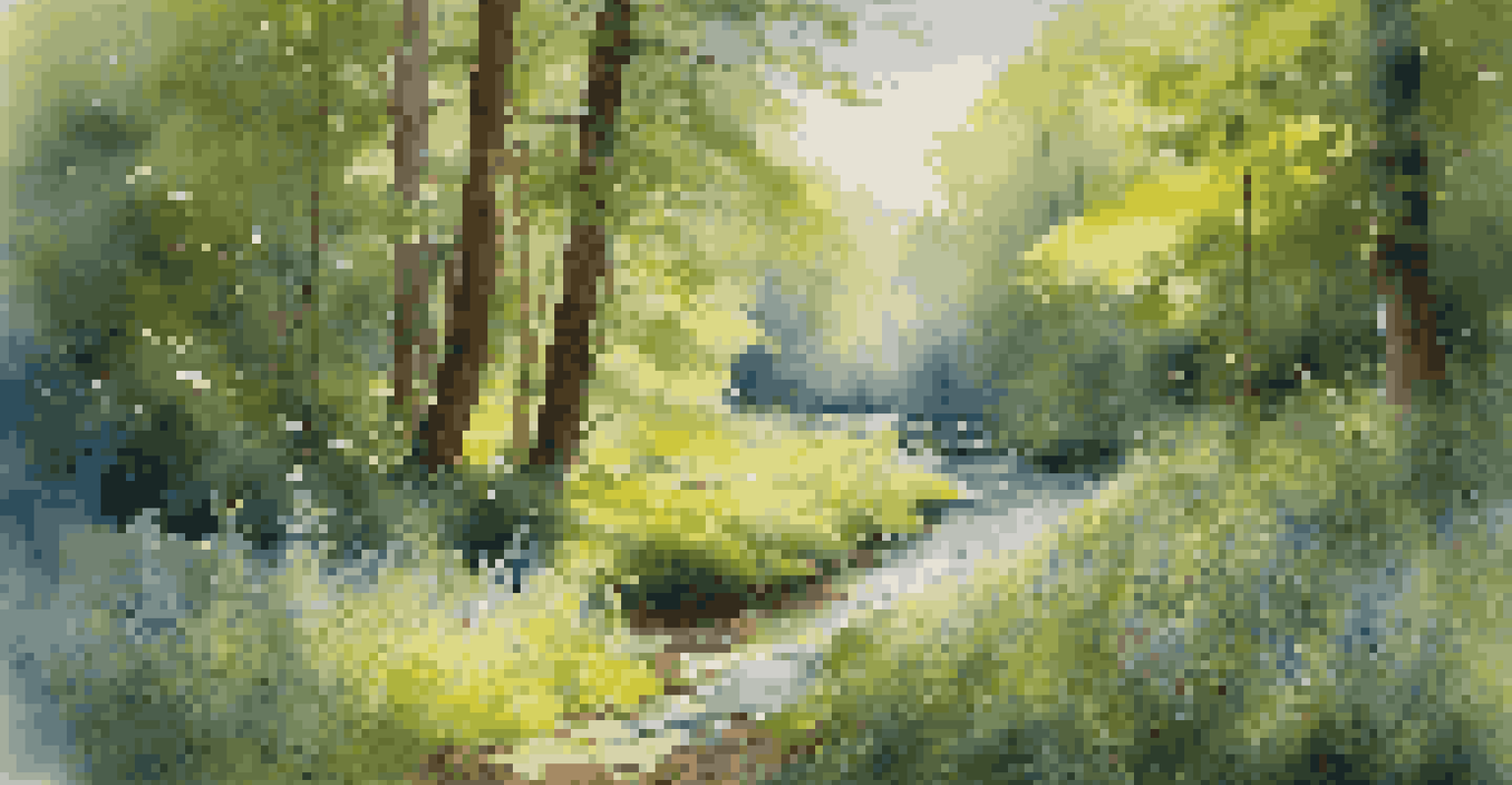A peaceful forest clearing with colorful wildflowers and sunlight filtering through the trees.