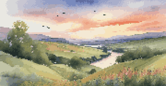 A picturesque sunset over a green valley with a river and colorful wildflowers.